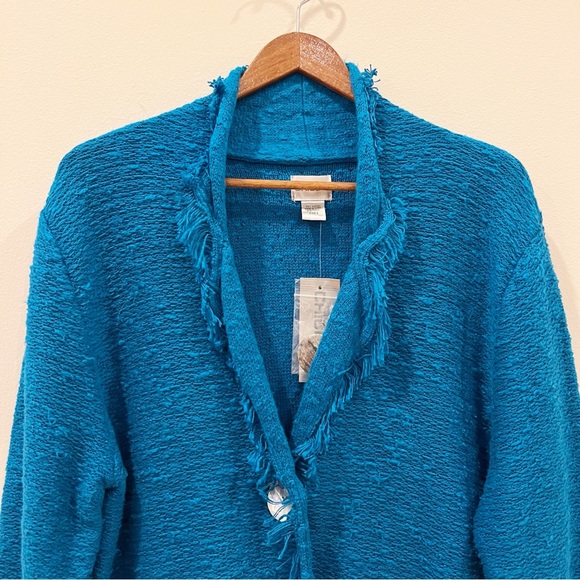 Chicos NEW Ascott Dune Cardigan 3 XL Turquoise Fringe Nubby Knit Stretch Jacket - Picture 3 of 11